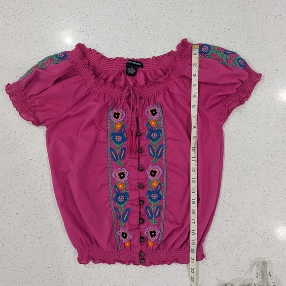 Boston Proper Pink Cotton Top Blouse Floral Embroidery Smocked Ruffle Spring 4 - Picture 5 of 11